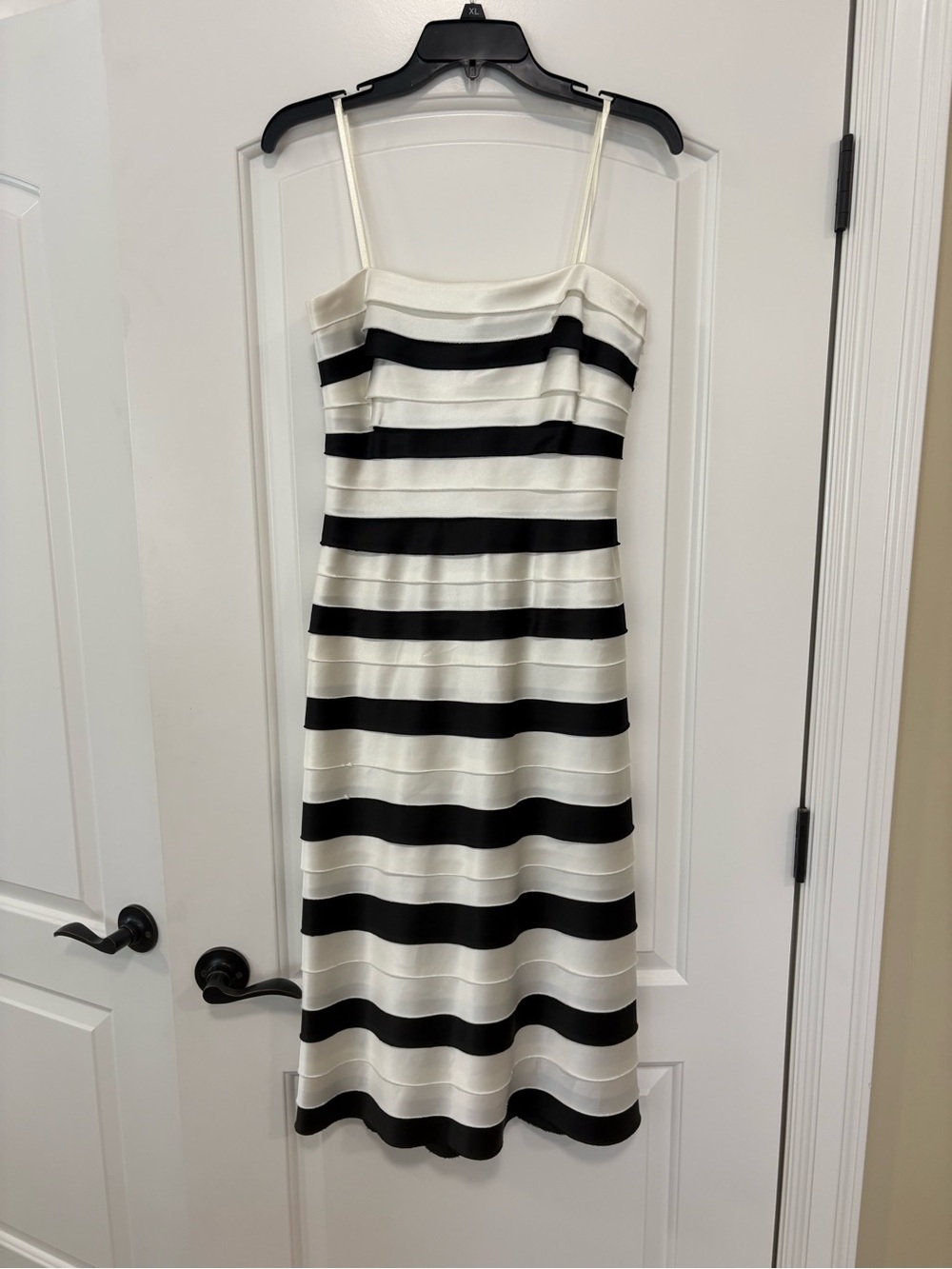 BCBGMaxAzria Black and White Strapless Striped Midi Dress